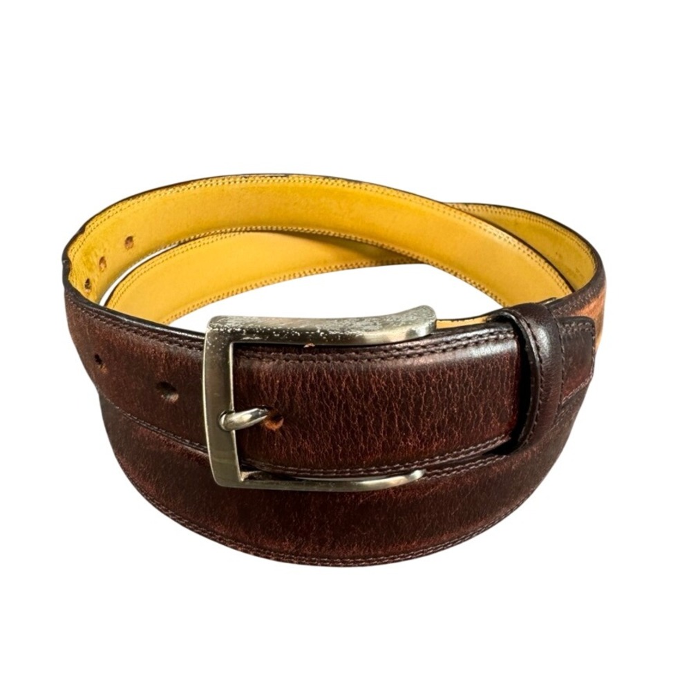 Lands End Mens Brown Leather Belt Silver Buckle Size 38 V8201/F26087 Distressed